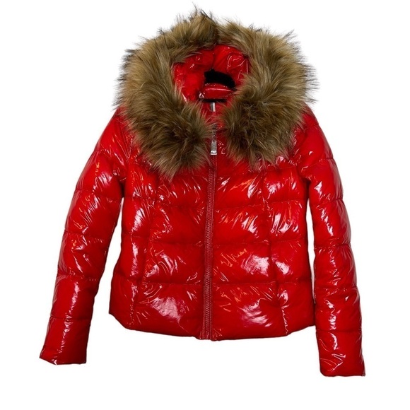 ZIAI Wet Look Red Puffer Hooded Jacket w/ Detachable Faux Fur Trim - Picture 2 of 16